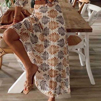 Summer Beach Women Casual Bohemian Short Sleeve Loose High Waist Print Dress Bohemian Style,Printing,Pleated Design,Belt Include